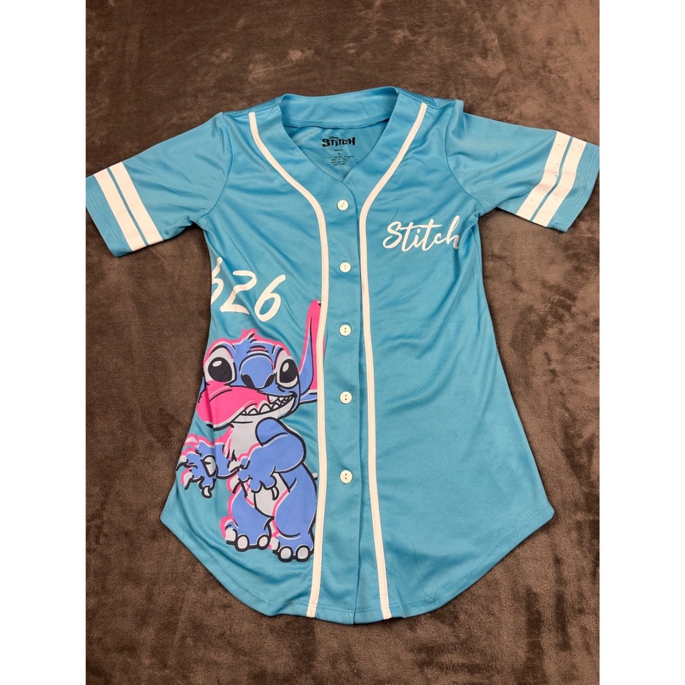 Disney Lilo‎ & Stitch Baseball Jersey Light Blue 626 Button Up Shirt Small